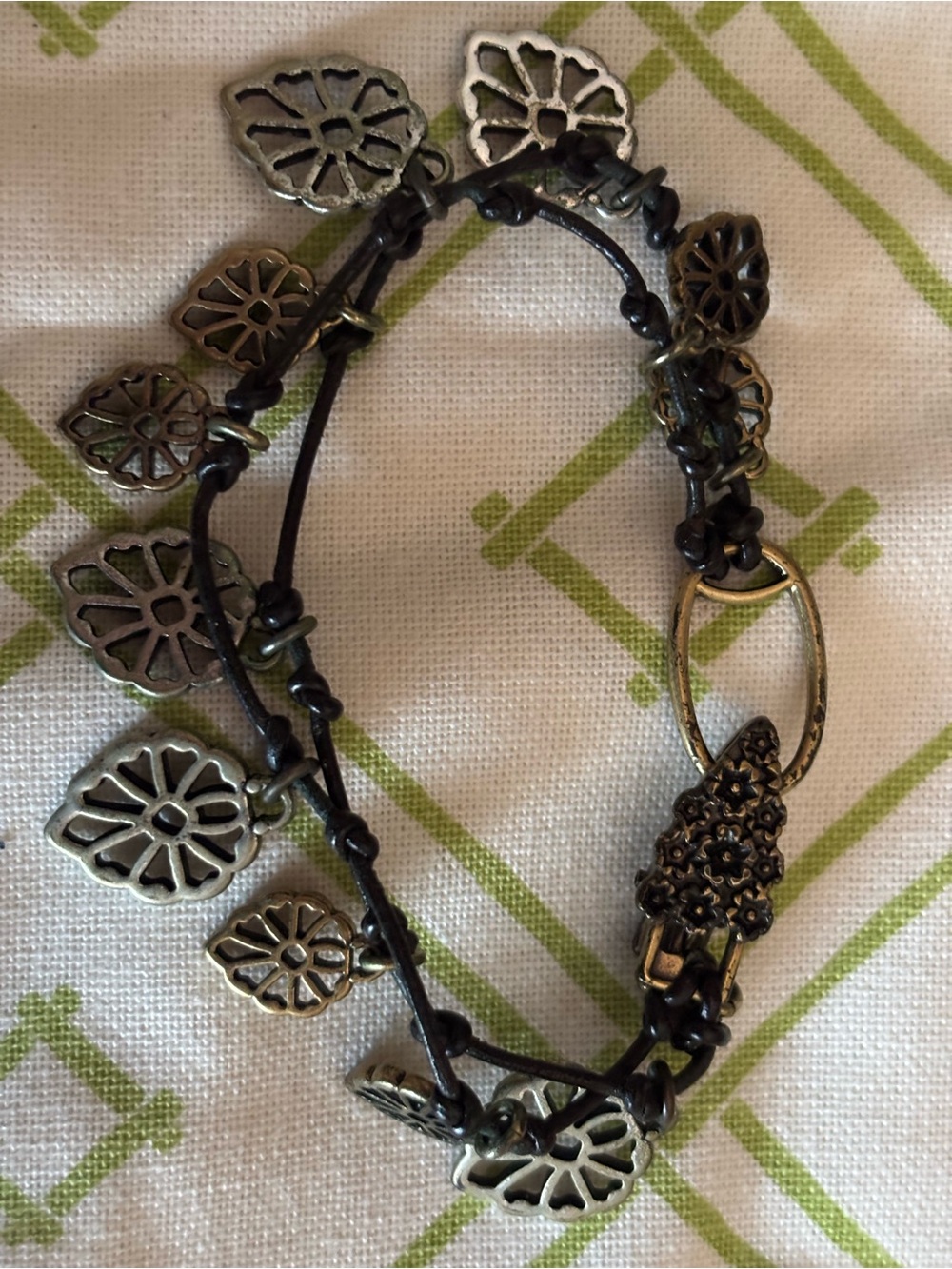 Lucky Brand Antique Silver Floral Charm Wrap Bracelet on Brown Cord